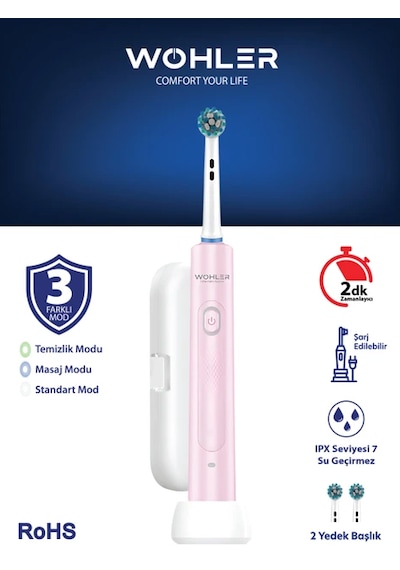 Wohler Değiştirilebilir Başlıklı Şarj Edilebilir Elektrikli Diş Fırçası - Pembe Şarjlı