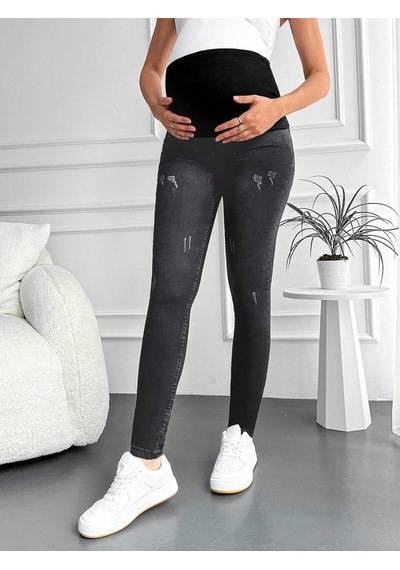 Kene Jeans Kadın Füme Hamile Esnek Karın Bantlı Tırnaklı Dar Paça Jeans Pantolon