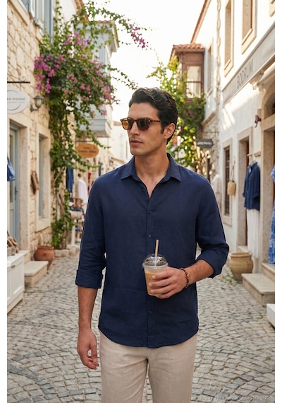 Buratti Pamuklu Regular Fit Klasik Yaka Uzun Kollu % 100 Keten Gömlek Erkek GÖMLEK CF26S1210000 Lacivert
