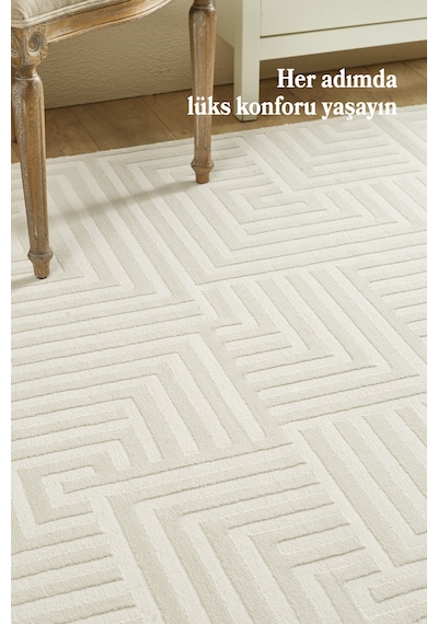 Modern Oturma Odası Halısı Salon Halısı Yolluk Krem Halı Hav Toz Vermez Kolay Temizlenebilir Halı Krem