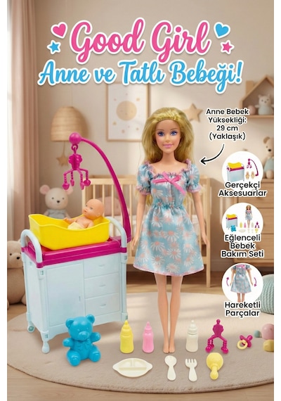 Good Girl Anne Ve Tatlı Bebeği Bakım Seti - 29 Cm Aksesuarlı Oyuncak Bebek Ve Beşik Sarı