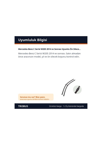 Trobus Mercedes-benz C Serisi W205 2014 Ve Sonrası Uyumlu Ön Silecek Süpürge Takımı