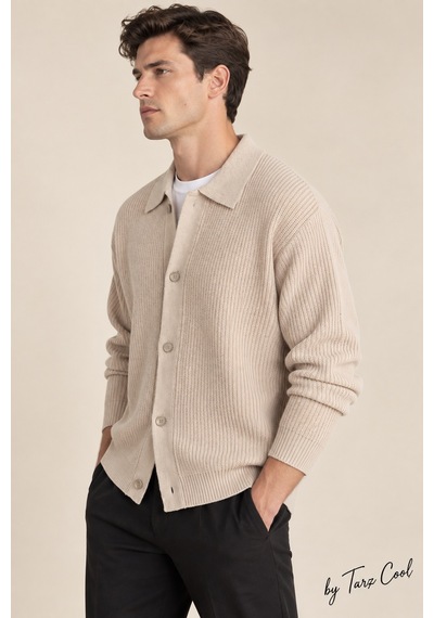 Tarz Cool Erkek Düğme Detaylı Regular Fit Hırka Taş
