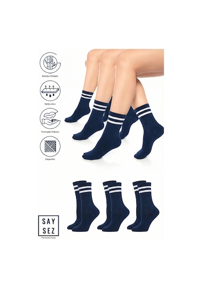 Saysez Bambu Unisex Tenis Kolej Çizgili Premium Lacivert Renk Dikişsiz Soket Çorap 3'lü Paket Lacivert