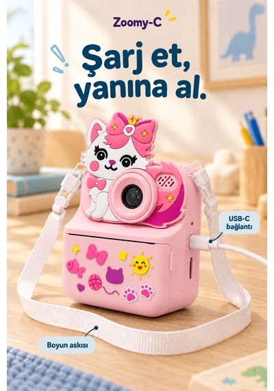 Kj/zm-001 Zoomy-c Kedi Figürlü Anında Baskılı Çocuk Fotoğraf Makinesi, Çift Kamera, 2,4 İnç Ekran, 1080p Video, 3+ Yaş Pembe