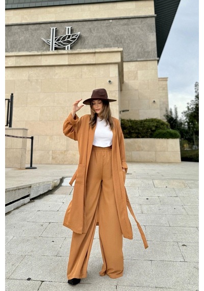 WeShaya Kadın Taba Çift Cepli Uzun Kimono & Bol Paça Pantolon - Salaş Alt & Üst Takım Taba