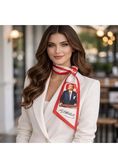 Mavi Masal Atatürk İmzalı Kırmızı Beyaz Kadın Fular Atatürk İmzalı Kadın Fular Kırmızı Beyaz Atatürk Portreli Fular
