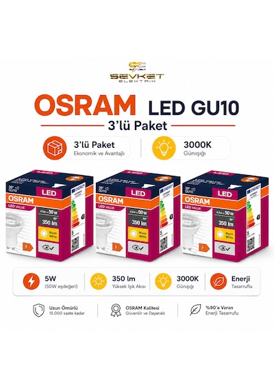 Osram Gu10 3'lü Paket Led Ampul 4.5w 3000k Günışığı 3 Adet