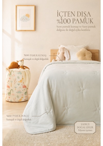 Ocean Home Textile %100 Pamuk Penye Mint Yıldız Nakışlı Çocuk Tek Kişilik Çok Amaçlı Örtü 155 X 215 Cm Mavi