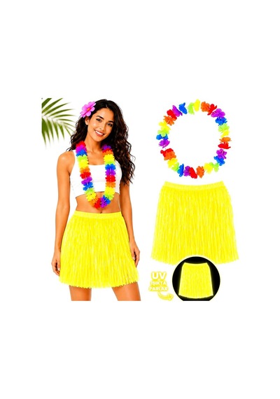 Neon Sarı Hawaii Etek 40 Cm Ve Rengarenk Hawaii Kolye Evimdeyokyok