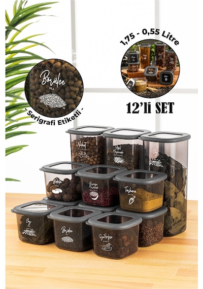Vienev Serigrafi Etiketli Foly Kare Erzak Saklama Kabı Antrasit 12'Li 9 x (0.55 L) 3 x (1.75 L) Antrasit