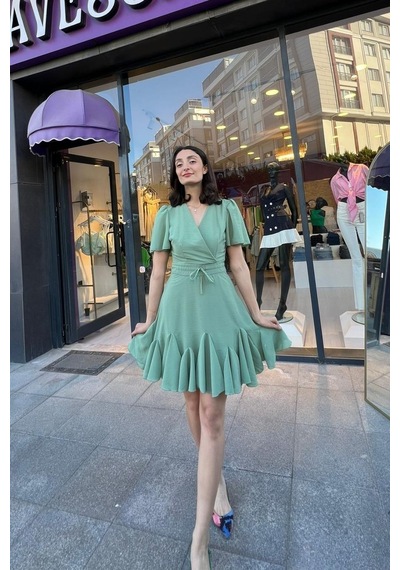 Lavessa Keten V Yaka Mini Elbise - Yeşil Renk-85
