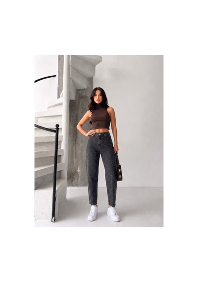 Kene Jeans Kahve Tint Paça Kesik Taşlı Mom Denim Pantolon Kahve Tint