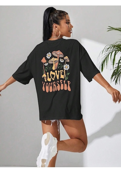 Startmore Mantar & Slogan Grafikli Düşük Omuzlu Tişört Siyah