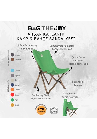 Bag The Joy Ahşap Antrasit İskelet - Yeşil Kılıf Sandalye Yeşil