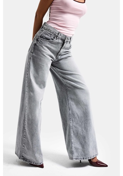 Itsbasic Kadın Gri Renk Hera 4s6-12 Palazzo Fit Bol Kesim %100 Koton Orta Bel Denim Jean