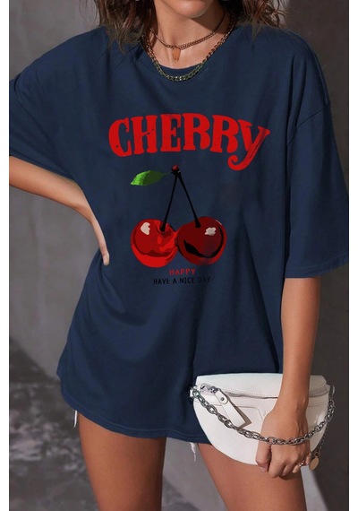 Uyguntarz Unisex Happy Cherry Tasarım Basklı Tshirt Lacivert