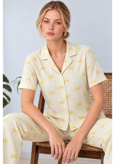 Kadın Gömlek Yaka Desenli İkili Sarı Pijama Takımı 4795