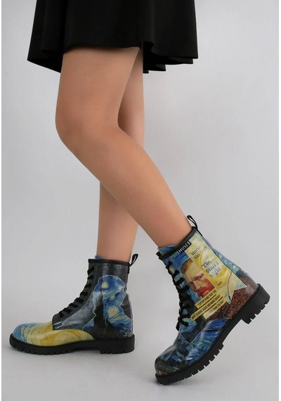 Kadın Vegan Deri Mavi Uzun Bot - Vincent Van Gogh The Starry Night Collage Muse Tasarım Multicolor