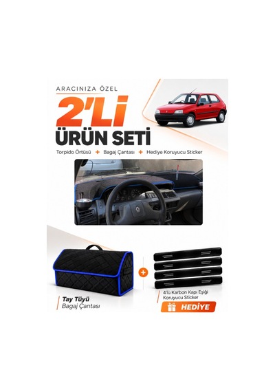 E-biz Renault Clıo 1 1990-1998 Uyumlu Torpido Örtüsü + Tay Tüyü Bagaj Çantası - Siyah-mavi - Re006