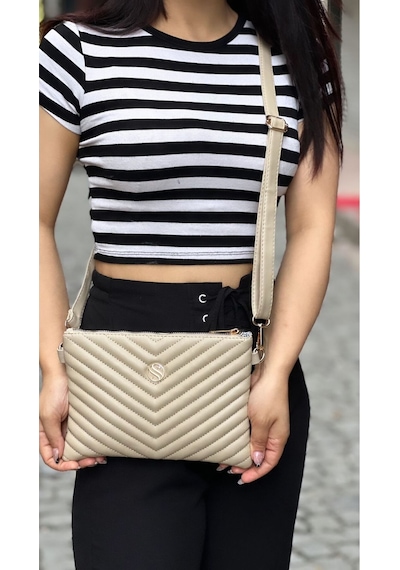 Sanmorris Kadın Suni Deri Kum Mat Ayarlanabilir Çapraz Ve El Askılı Deri Portföy, Clutch Çanta Kum - Bej