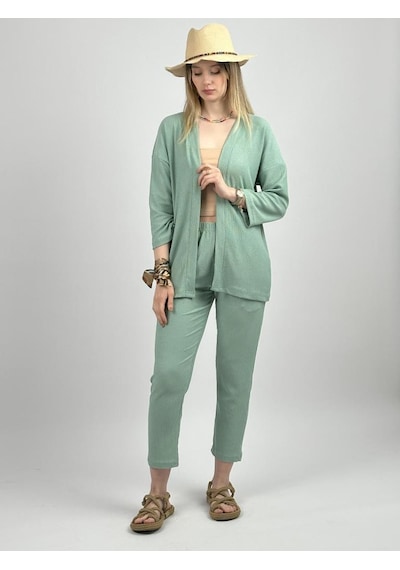 Kadın Pantolonlu Alt Üst İkili Kimono Takım Rahat Kalıp Mint Yeşili
