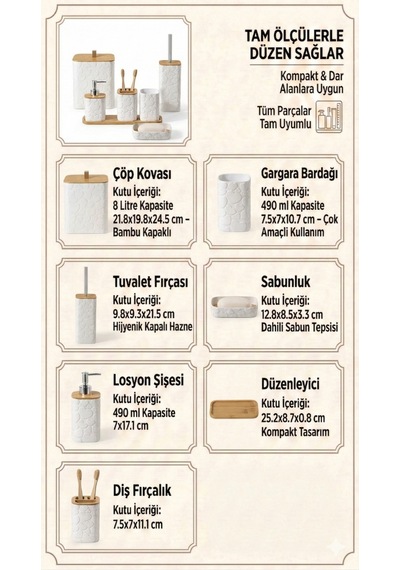 Makri Home Desenli 7 Parça Bambu Kapaklı Ve Aksesuarlı Banyo Seti Beyaz - Gri