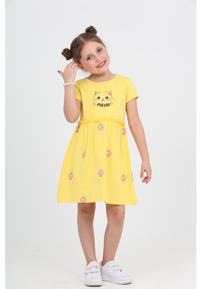 Toontoy Kids Toontoy Kız Çocuk Kedi Baskılı Elbise Koyu Sarı