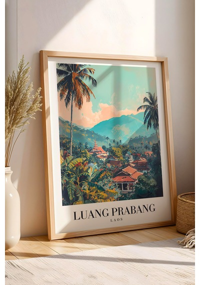 Luang Prabang Laos Vintage Seyahat Posteri Çerçeveli Tablo - Premium Egzotik Doğa Duvar Dekoru Kayın