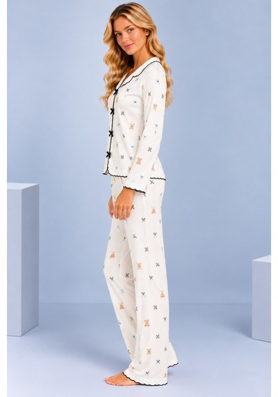 Pijamask Kadın Desenli Fiyonk Detaylı Düğmeli Uzun Kollu Müslin Pijama Takımı Beyaz-22
