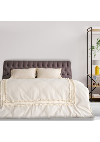 Dnc Home Tekstil Ndchome Ham Keten Krem Ponponlu Çift Kişilik Nevresim Takımı Krem