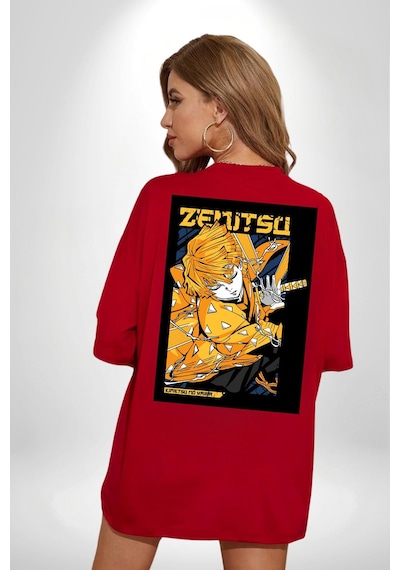 Zenitsu Agatsuma Anime Kırmızı Oversize Unisex Ön Ve Sırt Baskılı Tişört Kırmızı