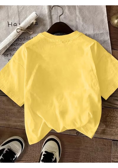 Sevimli Panda Grafikli İpli Cep Detaylı Kısa Kollu Oversize Unisex Bisiklet Yaka Tişört Sari