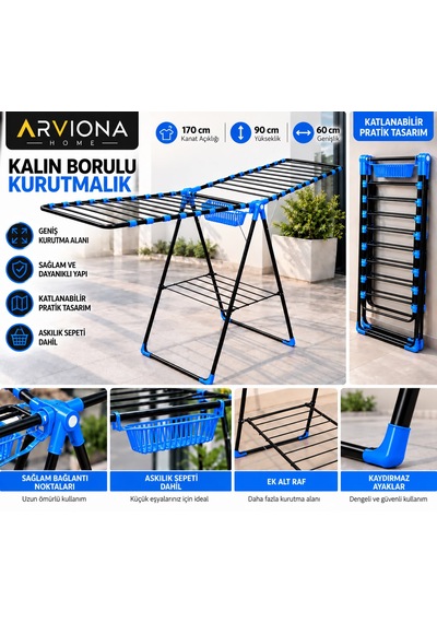 Arvıona Home 170 Cm Kalın Borulu Katlanabilir Metal Çamaşır Kurutmalığı 8 Borulu Mavi