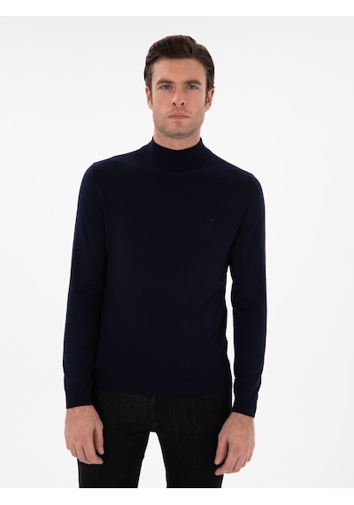 Cacharel Lacivert Slim Fit Yün Karışımlı Yarım Balıkçı Yaka Basic Triko Kazak