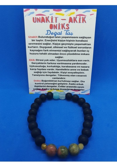 Gümüştel El Sanatları Sertifikalı Unakit Akik Oniks Taşı Tasarım Bileklik Çok Renkli