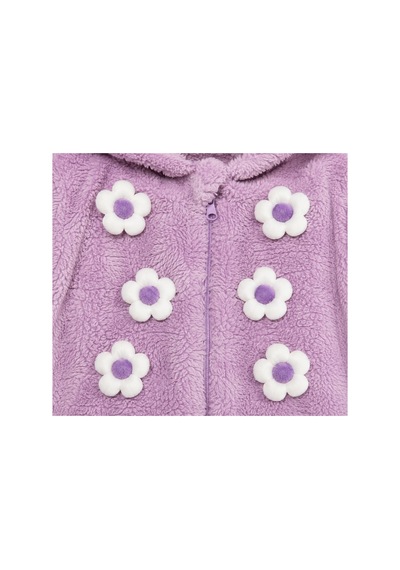 Chicsy Baby Tatlı Kız Bebek Çiçekli Welsoft Tulum 3d Papatya Detaylı Kapüşonlu Fermuarlı Peluş Kışlık Bebek Tulumu Lila