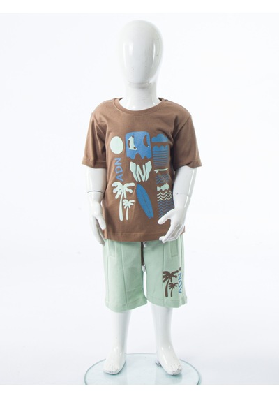 Xo Kids Erkek Çocuk Yazlık 2li Alt Üst Takım Tişort + Şort 2-7 Yaş 3224 Kahverengi