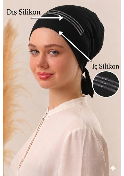 Melodi Scarf Çift Silikonlu Kaymayan Kaymaz Bone - Eşarp Şal Başörtü Kaydırmayan Kaymaz Bantlı Bone Siyah