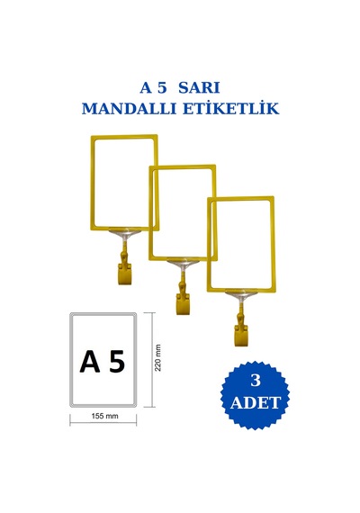 3 Adet Sarı A5 Mandallı Raf Sepet Etiketi Çerçeveli Etiketlik Sarı