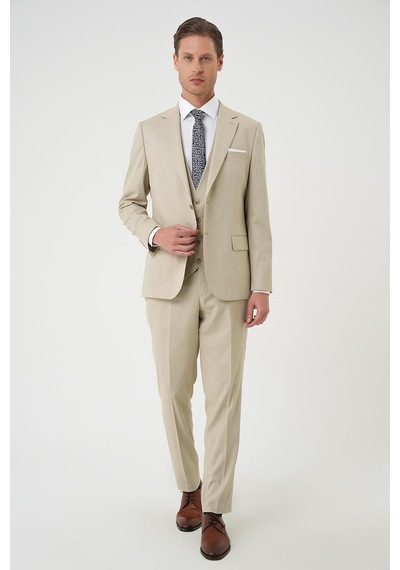 Efor Slim Fit Dokulu Çift Yırtmaç Yelekli Klasik Bej Takım Elbise Tk 898 Bej