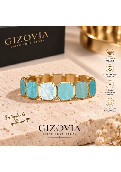 Gizovia Aqua Gold Çerçeveli Bileklik Turkuaz