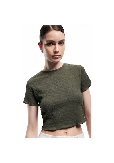 Koton Bisiklet Yaka Kısa Kollu Slim Fit Dokulu Crop Tişört Haki 5sak50210ek Haki