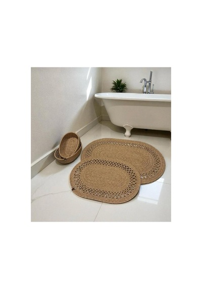 Oval Örgü Banyo Paspası Hasır Görünümlü Dekoratif Kaymaz Banyo Paspası 2 Adet Dekoratif Kutu Hediye Bej Bej