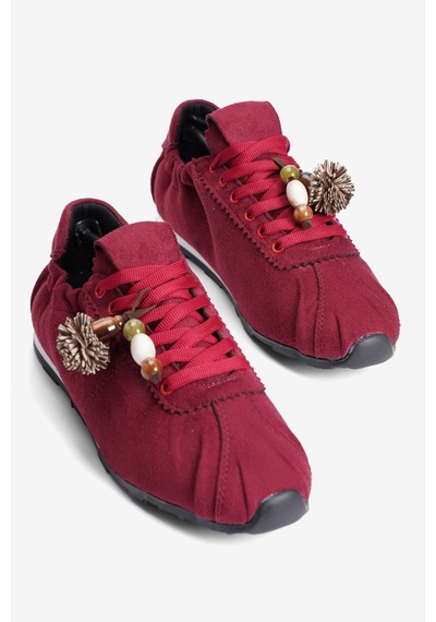 Mubiano Kadın Süet Sneaker Arka Lastikli Aksesuarlı Spor Ayakkabı Moya Bordo Bordo Süet