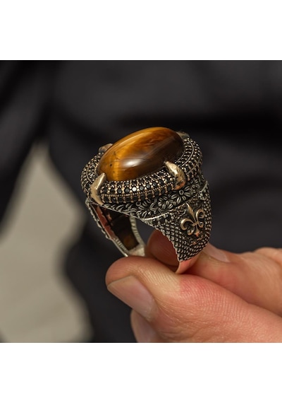 Kaplan Gözü Taşlı Oval 925 Gümüş Yüzük
