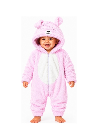 Kız Erkek Bebek Welsoft Peluş Tulum Kapüşonlu Fermuarlı Kışlık Bebek Tulumu Ayıcık Desenli Yumuşak Polar Tulum Pembe
