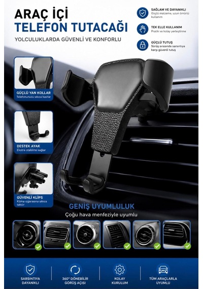 Araç İçi Telefon Tutucu Klima Izgara Menfez Uyumlu Destek Ayaklı Sarsıntı Önleyici Telefon Tutacağı Siyah Siyah