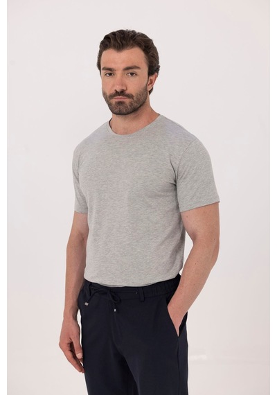 Sabri Özel Gri %100 Pamuk Bisiklet Yaka Düz Renk Basic T-shirt