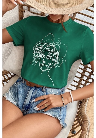 Unisex Woman One Line Baskılı Tasarım Tshirt Yeşil